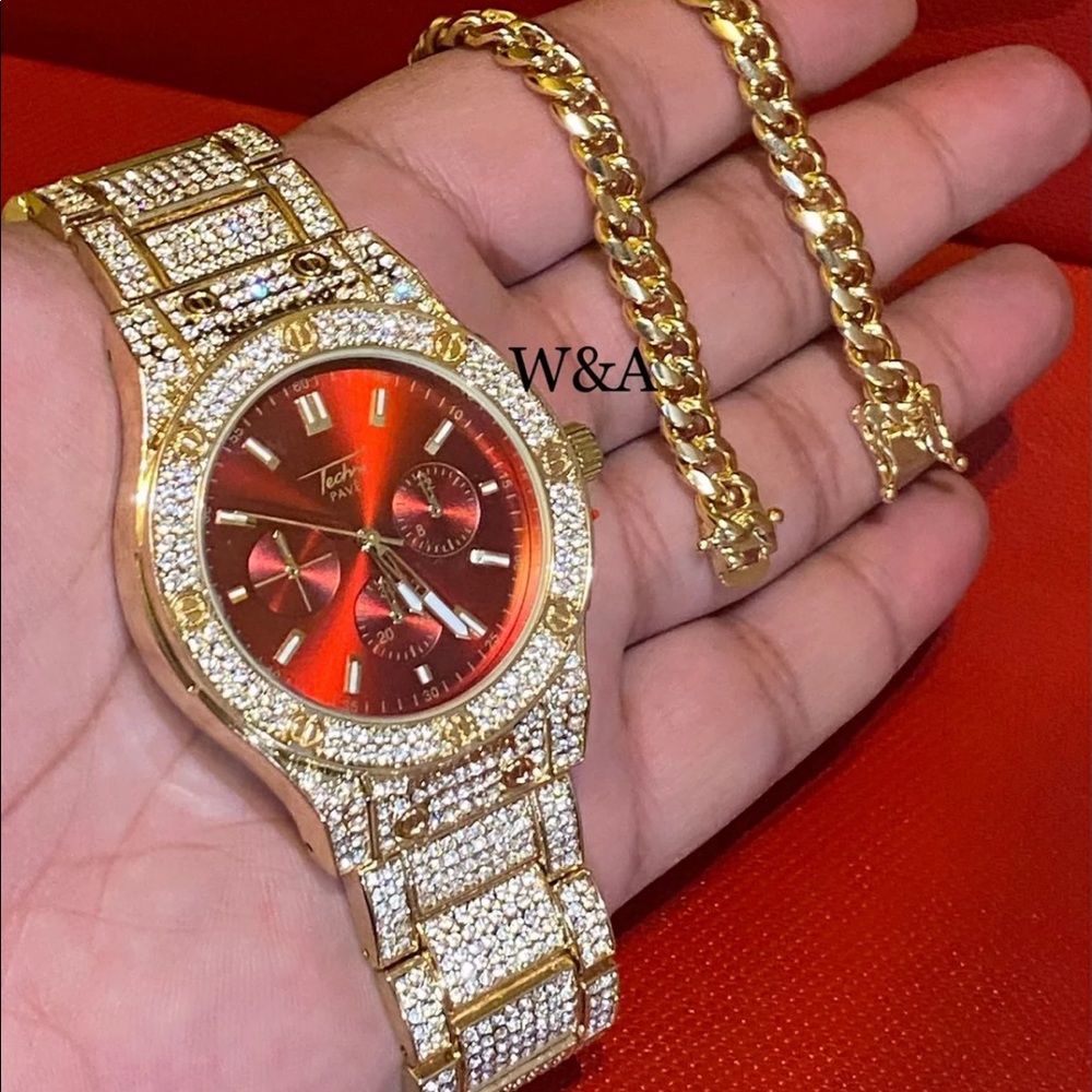 Brand New With Box Mens 14K Stamp Gold Plated Cuban Linked Bracelet&Watch Set